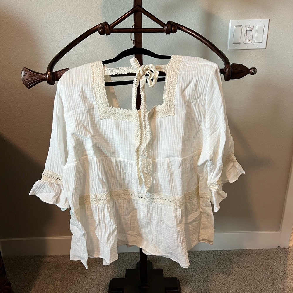 CaslonTie Back Ruffle Trim Peplum Tie Back 1X NEW Double Gauze COTTON